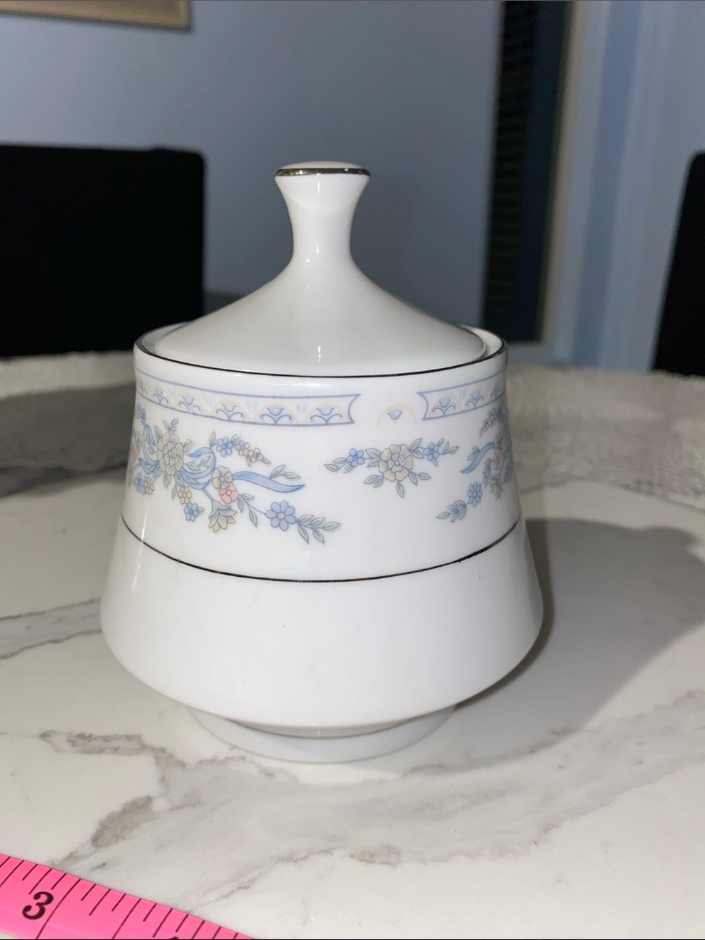 Vintage White Porcelain Sugar Bowl with Blue Floral Trim and Silver Band